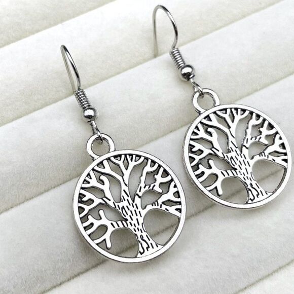 Silver Round Boho Style Intricate Tree of Life Dangling Drop Hook Earrings - Picture 6 of 9